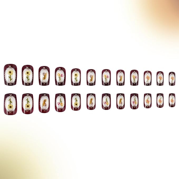 Short French Press on Nails Square Shape Fake Nails Glossy Finish False Nails with Colorful Flower Designs Full Cover Stick on Nails Spring Summer Glue on Nails for Women Nail Art Decorations - 24Pcs