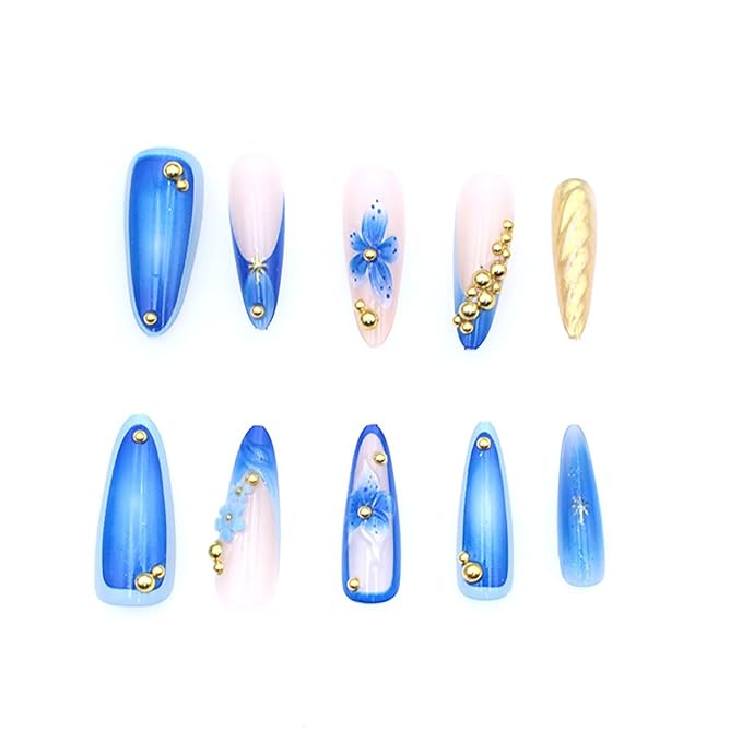 10Pcs Handmade Blue Flower Press on Nails Medium Almond French Tip Fake Nails Gold Rhinestones with Flower Glue on Nails Cute Stick on Nails Full Cover Summer False Nails for Women Girls Acrylic Nails