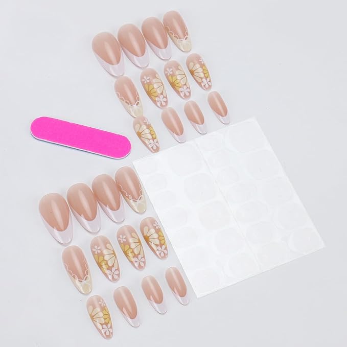 24Pcs French Tip Press on Nails Medium Almond Fake Nails Yellow Flowers False Nails with Designs Bow Daisy Cute Glue on Nails Full Cover Artificial Acrylic Nails for Women Manicure Decoration