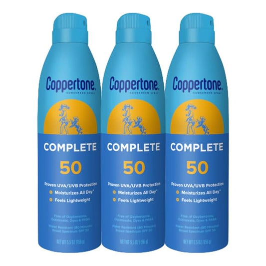 Coppertone Complete Sunscreen Spray SPF 50, Spray Sunscreen for Body, Lightweight, Water Resistant, 5.5 Oz, Pack of 3