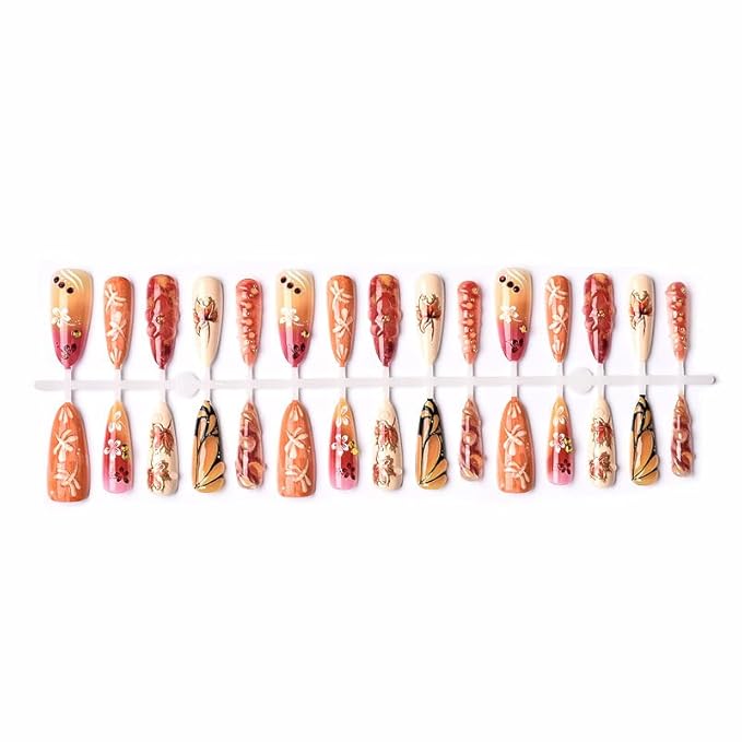 Long Almond Press on Nails Fall Themed 3D Handpainted False Nails with Floral Butterfly and Maple Leaves Stick on Nail for Women 24pcs