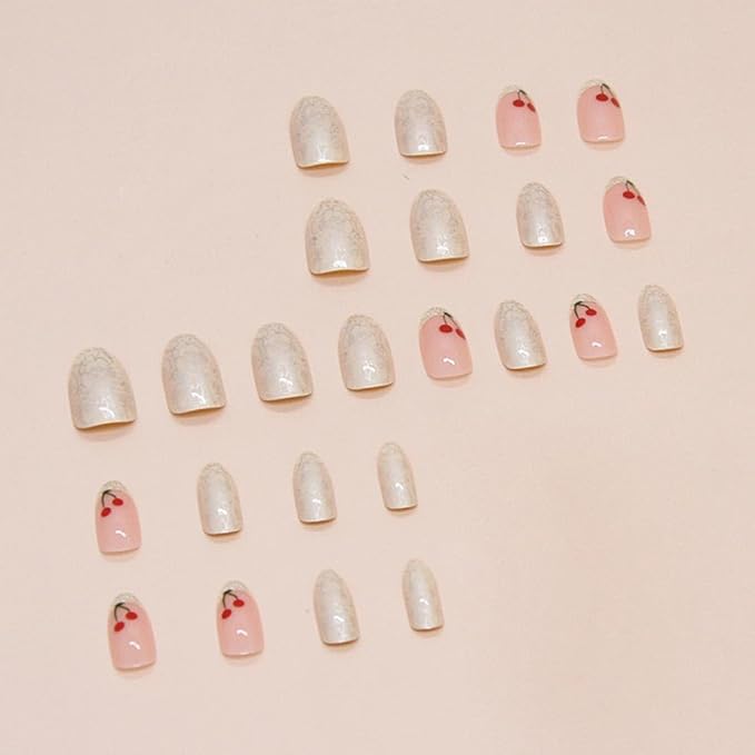 Almond Press-on Nails - Medium French Tips, Pink Glossy Full Cover Nails, 24 PCS/Set (Pink Cherry)