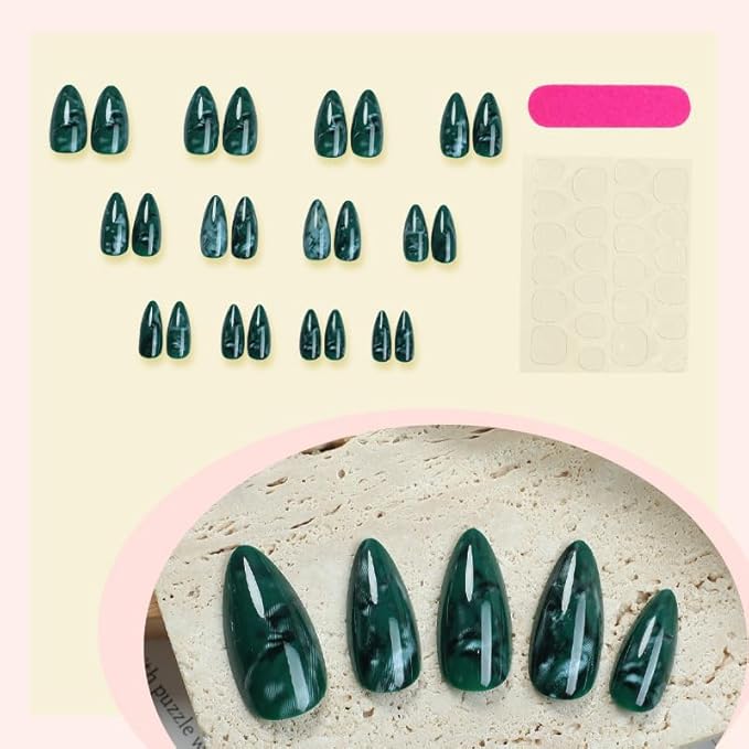 Green Press on Nails Almond Medium Fake Nails Summer Dark Green Marble Acrylic False Nails Press ons Full Cover Reusable Glue on Artificial Nails for Women 24Pcs