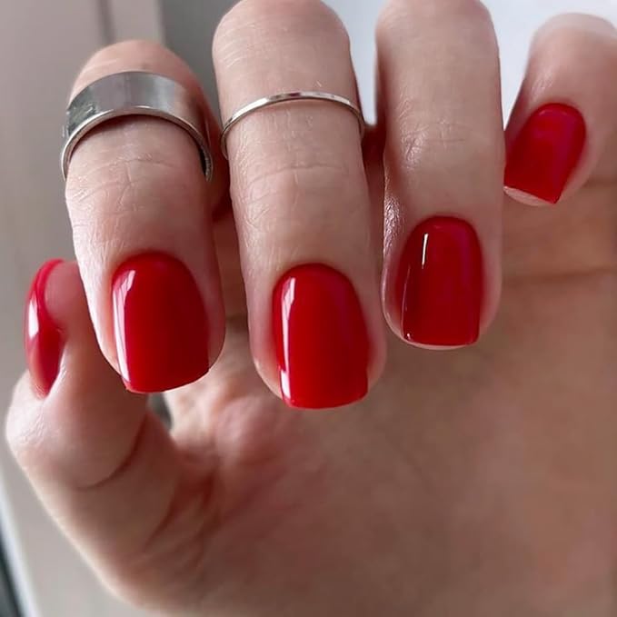 Press on Nails Short Square, True Red Fake Nails Kit, Fashion Glossy Acrylic Press on Nail, Natural Stick on Nail, Thick Reusable Glue on Nails Short Press on Nail for Women, 30Pcs