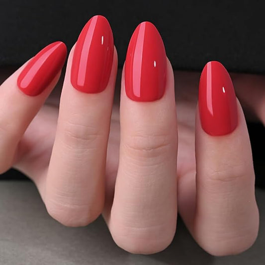 evpct Glossy Press on Nails Short Almond Short for Women, Vermillion Red Fake Nail with Glue Salon Quality Reusable Stick on Nails In 15 Sizes 30Pcs Full Cover False Nail Soft Gel Set Kit for Gift, 24