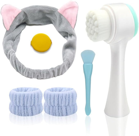 Face Washing Set, Manual Facial Cleansing Brush, 2-in-1 Skin Care face Brush, Silicone Facial Scrubber,Equipped with Headbands, Wrist Band, Facial Mask Brush and Powder Puff（Blue 6pcs）