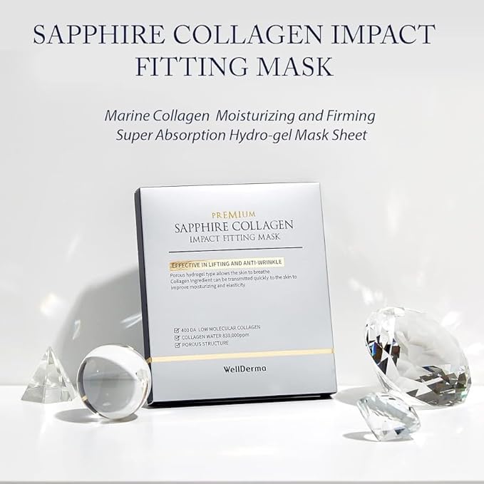 WELLDERMA Sapphire Collagen Impact Hydrogel Fitting Mask, 25g x 8 Sheets – Hydrating & Firming Micro-Hole Sheet Mask with Collagen Water 850,294ppm, Niacinamide & Peptides