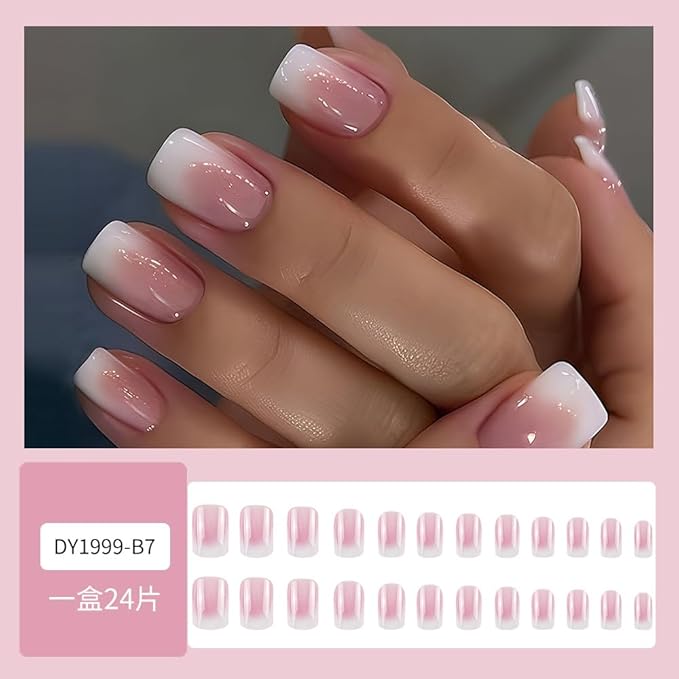 Short Press on Nails Square Fake Nails Pink White Gradient Acrylic Nails Press on Glossy French Tip Glue on Nails with Designs Medium False Nails with Glue Summer Artificial Nails for Women 24Pcs