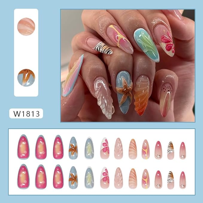 24Pcs Summer Shell Press on Nails Medium Almond Fake Nails with 3D Starfish Design White French Tip Colorful Ombre False Nails Pink Gradient Spring Flower Stick on Nails for Manicure DIY
