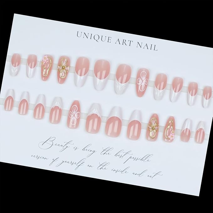 24Pcs 3D Flower Press on Nails Medium Almond Fake Nails French Tip Glue on Nails Flower Nail Charms Rhinestones Gold Lines Design Acrylic Artificial Nails Luxury False Nails for Women Manicure Decor