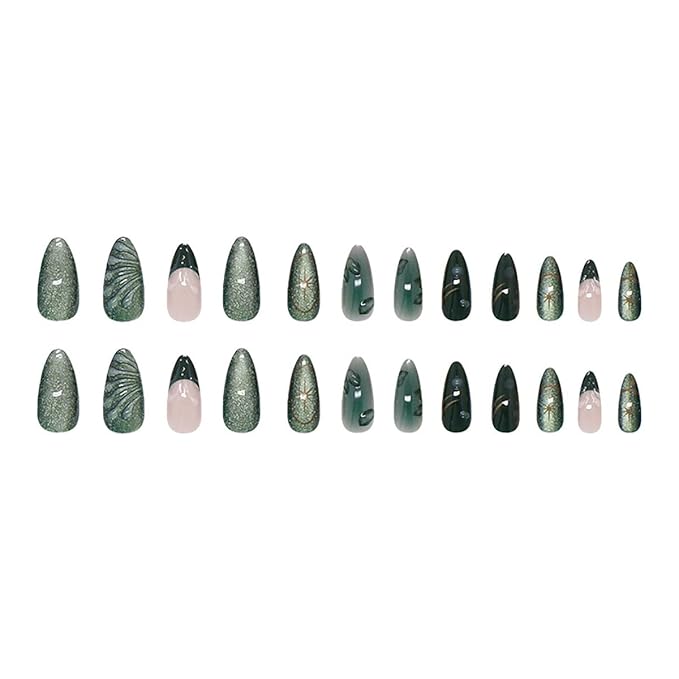 24Pcs Green Press on nails Medium Almond Glitter Fake Nails 3D Leaves Star Rhinestones Designs Full Cover Ombre Stick on Nails French Tip False Nails for Women Girls Acrylic Nail Decorations DIY