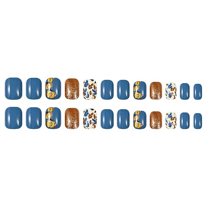 24pcs Short Square Fall Press on Nails Gold Pumpkin Fake Nail Autumn Leaves False Nails with Designs Blue Pure Color Gold Glitter Acrylic Glue on Nails for Women Thanksgiving & Autumn Nail Art