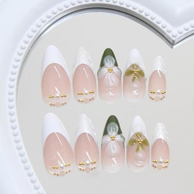 Flower Press on Nails Green Fake Nails Medium Almond False Nails with Pearl Design White French Tip Glue on Nails Glossy Artificial Acrylic Full Cover Nude Stick on Nails for Women Manicure 24Pcs