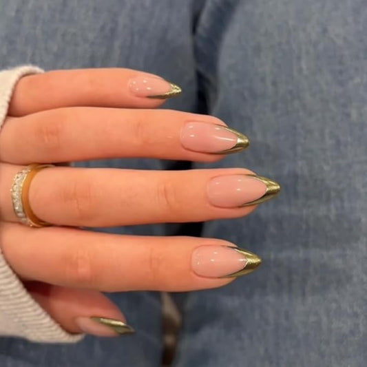 Gold French Tip Press On Nails Short Almond, Medium Fake Nails French Nails Press ons Acrylic Nails Glue on Nails Medium, Natural Short Almond Nails False Nails for Women in 12 Sizes 24 Pcs