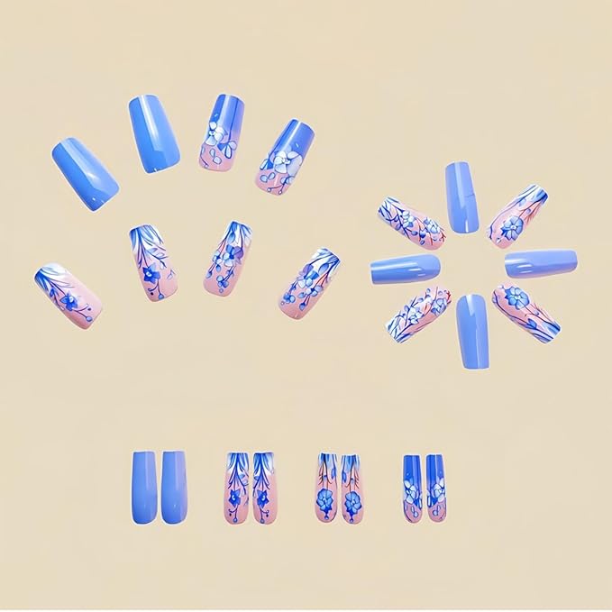 Coffin Press on Nails Medium Square Fake Nails with Blue Flower Designs Spring Summer Glue on Nails Full Cover Acrylic Nails Reusable Artificial False Nail for Women Girls Manicure Salon 24pcs