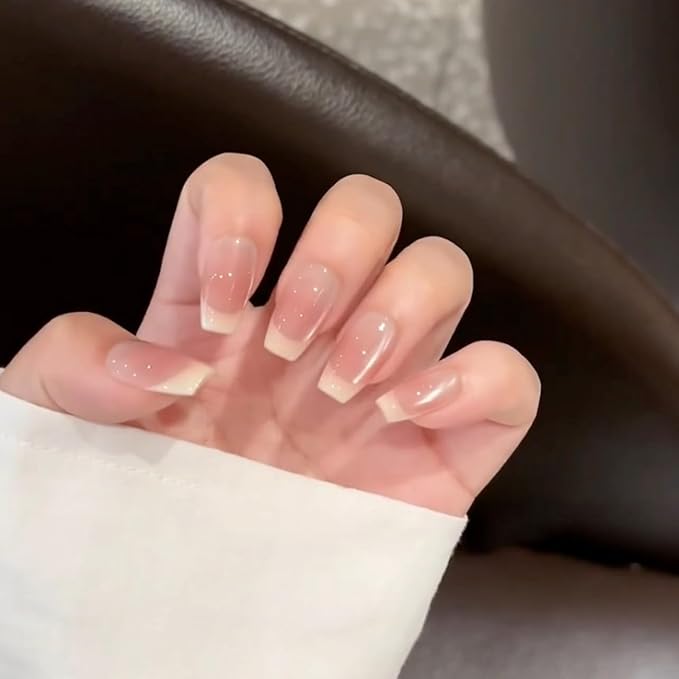 Press On Nails Short Square, French Tip Chrome Acrylic Press On Nails Short Coffin, Designer Reusable Glazed Fake Nails, Glossy Soft Gel Nails Wedding, Stick Glue On Nail Press Ons for Women