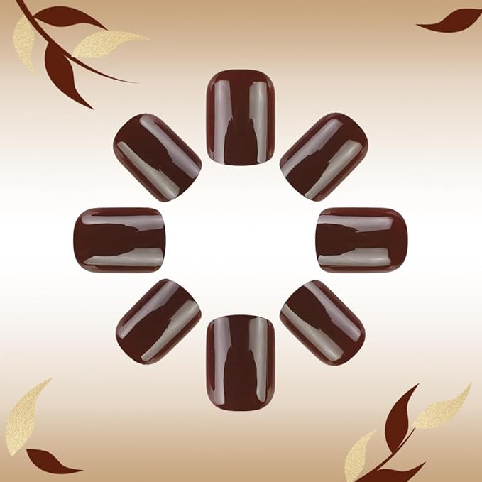 Square Press on Nails Short Brown Fake Nails Gold Glitter Brown Leaf Artificial False Nails Full Cover Acrylic Glue on Nails Cute Stick on Nails for Women Girls Nail Art Decorations 24Pcs