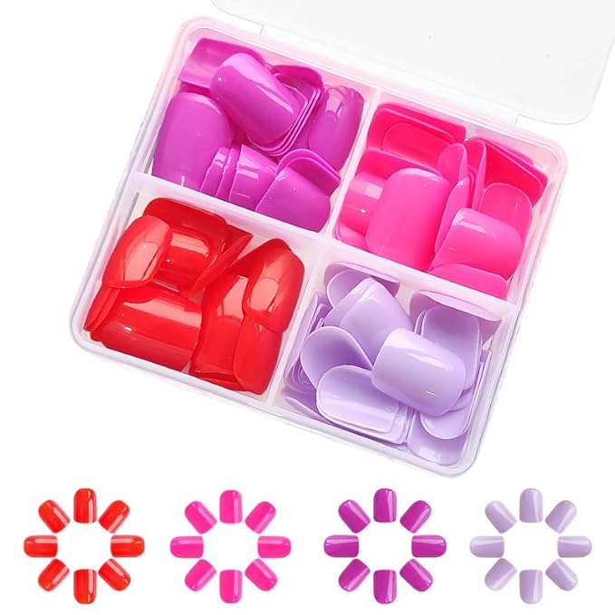 4 Packs 96Pcs Square Press on Nails Short Solid Fake Nails Glossy Pure Design Acrylic False Nails Full Cover, Glue Stick On Nails for Women's Manicure & Nail Art