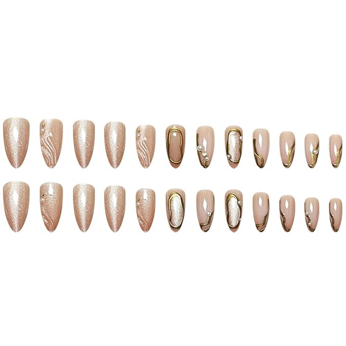 Press on Nails Almond Fake Nails Cat Eye False Nails with Gold Line Design Nude Glue on Nails Press ons Medium 3D Acrylic Nail Glossy Full Cover Stick on Nail for Women Manicure 24Pcs
