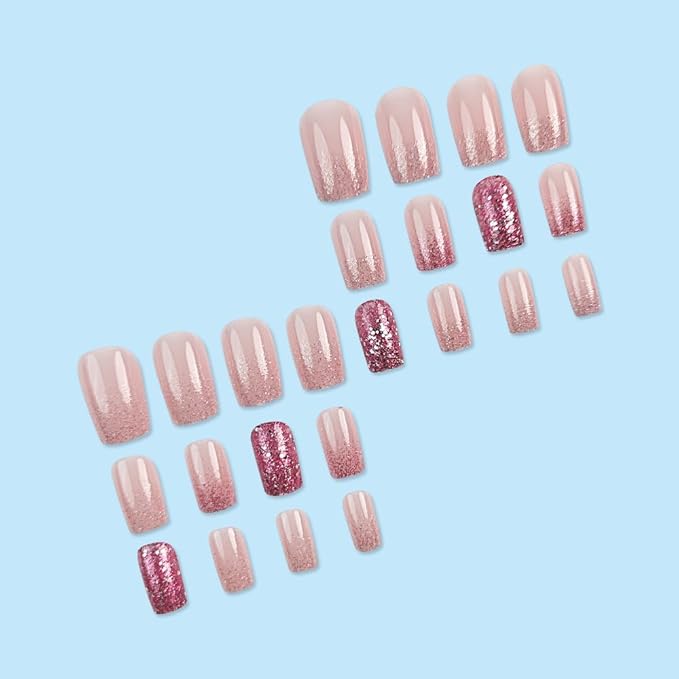 Medium Press on Nails Square Fake Nails Pink Gradient Acrylic Full Cover False Nails with Glitter Designs Glossy Glue on Nails Short Stick on Nails Artificial Nails for Women Girls Manicure 24PCS