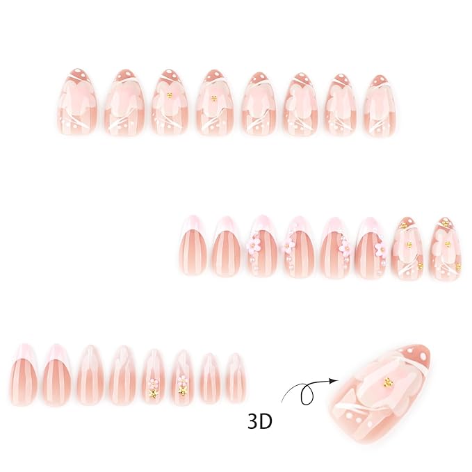 24pcs White French Tip Press on Nails Short Almond Fake Nails with 3D Pink Flower Pearl Designs Gold Beads Stick on Nails Summer False Nail Tips Cute Floral Acrylic Nails Glue on Nails for Women