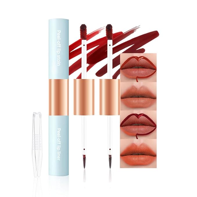 2-In-1 Peel Off Lip Stain Matte Finish Lip Liner Tattoo Peel-off Lip Tint Long Lasting All Day Lip Masque Waterproof Smudge-proof Transfer-proof, (1+2#Combination Pack, cinnamon+coral)