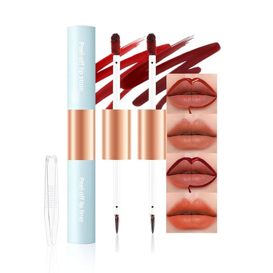 2-In-1 Peel Off Lip Stain Matte Finish Lip Liner Tattoo Peel-off Lip Tint Long Lasting All Day Lip Masque Waterproof Smudge-proof Transfer-proof, (1+2#Combination Pack, cinnamon+coral)