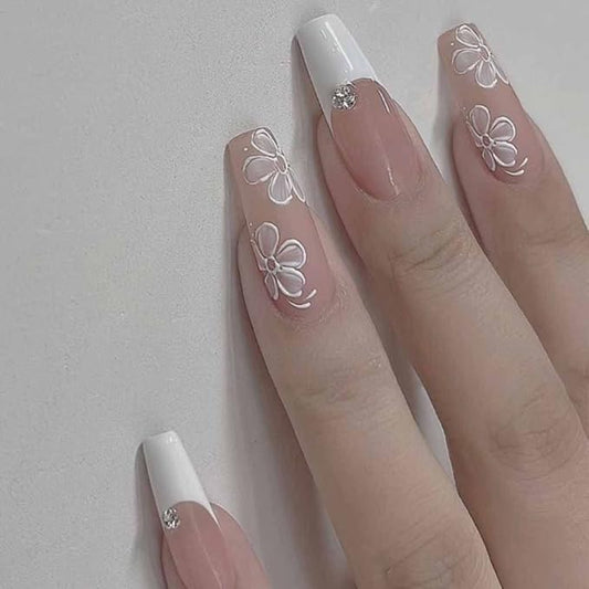 Coffin White Press on Nails Flower Fake Nails Long Acrylic Fake Nails Rhinestone French Nails Beautiful Nails for Women Girls -24Pcs