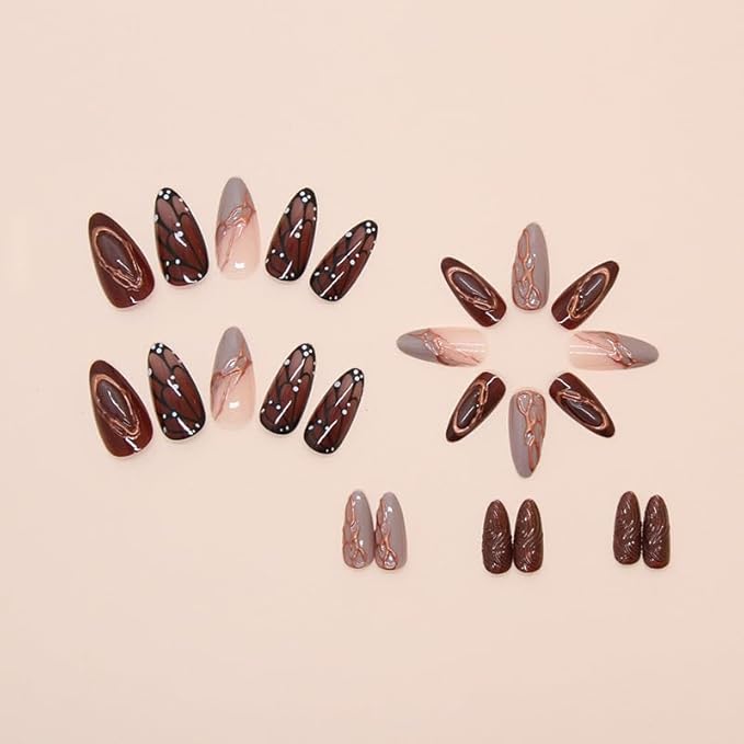 Almond Press on Nails Brown Butterfly Fake Nails 3D Gold Line Acrylic Nails Medium Artificial Nails Glossy French Tip False Nails Glue on Nails for Women Girls Manicure Nails Decoration