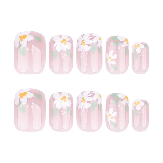 Spring Press on Nails, Pink French Manicure Fake Nails with White Daisy Floral Designs, Short Square Shape Artificial Nails, Cute Stick on Nails for Women Girls, 24 Pieces