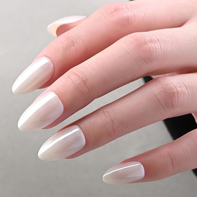 Press on Nails Short Almond - White Chrome Glazed Glossy Press on Nail Tips Glue On Nails with Nail Glue for Gift, Reusable Stick On Nails in 15 Sizes - 30 Full Cover Acrylic Soft Gel Fake Nails Kit