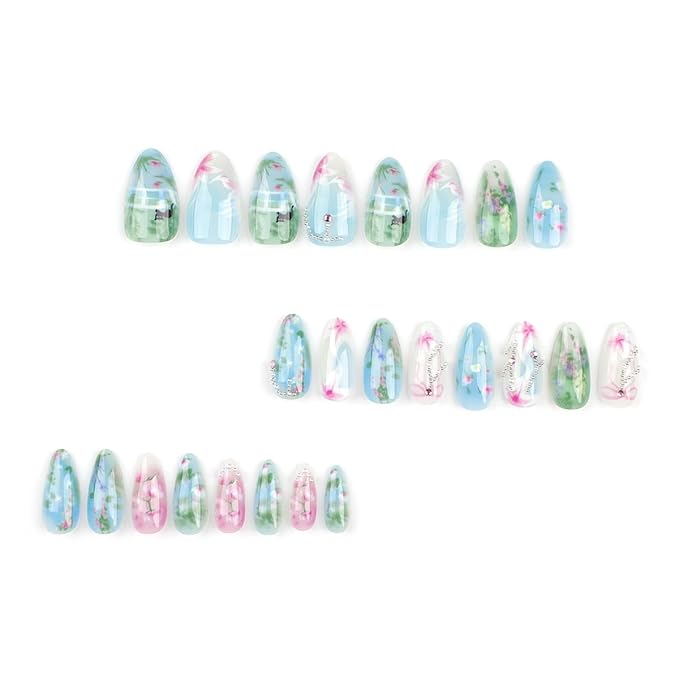 24Pcs Handmade Press on Nails Medium Almond Fake Nails Green Pink Flower Cute Cat Full Cover Glue on Nails Rhinestones Charms Glitter Designs Spring Summer False Nails for Women Girls Acrylic Nails