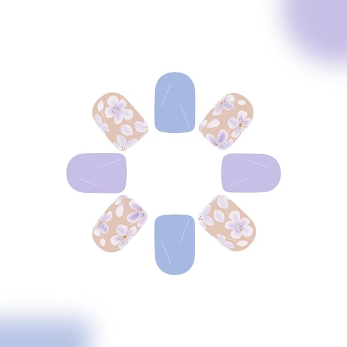 Flower Press on Nails Short Square Fake Nails with Designs Gold False Nails Purple Glossy Full Cover Glossy Acrylic Nails Summer Glue on Nails Cute Artificial Stick on Nails for Women Manicure 24 Pcs