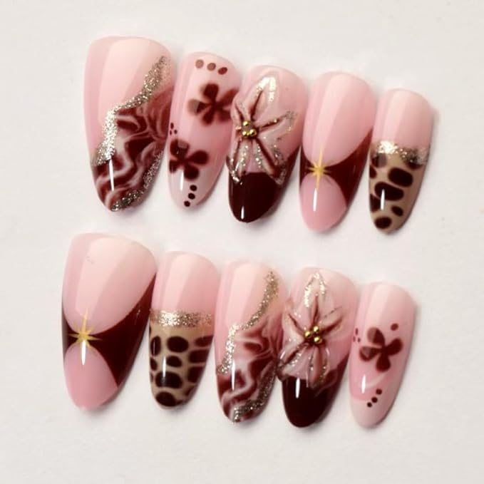 Long Almond Press on Nails Nude Pink Brown Fake Nails Leopard Print Luxury Artistic Nail Decorations Stick on Nail for Women 24pcs