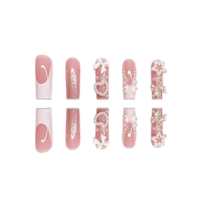 Square Press on Nails Long Fake Nails French False Nails Pink Cute Nails with Heart 3D Bow Designs Glossy Artificial Nails Stick on Nails for Women 24pcs