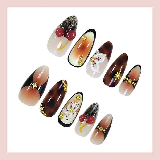 24Pcs Fall French Tip Press on Nails Medium Almond Fake Nails 3D Handmade False Nails Gold Beads Design Fall Flower Acrylic Nail Cherry Star Gems Cute Glue on Nails for Autumn Winter Manicure