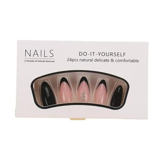 Black Press on Nails Medium Almond Shape Fake Nails with Glitter Design Glossy Stick on Nail Artificial Nail Nude Full Cover False Nail Rhinestone Glue on Nails for Women Girls Manicure 24Pcs