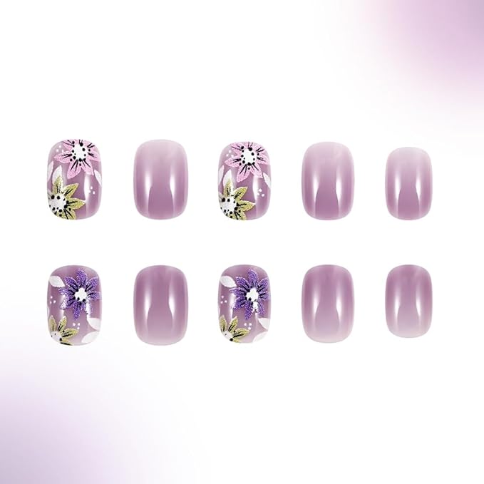 Spring Flower Press on Nails Short Square Fake Nails Gradient Purple Nails Press ons with Ombre Flowers Designs Cute Acrylic Nail Kit Spring Summer Nail Designs Floral Glue on Nails for Women 24Pcs