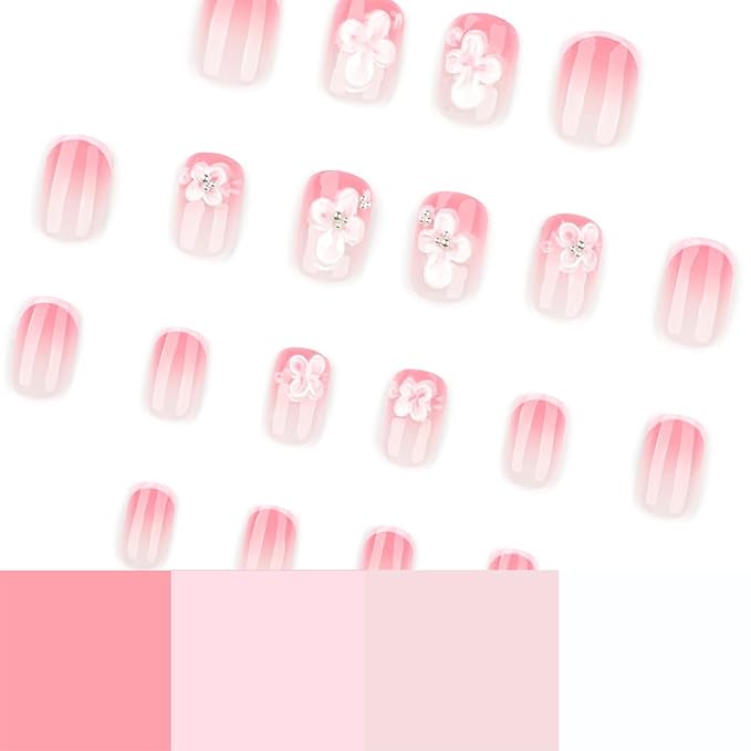 24Pcs French Tip Press on Nails Short Square Fake Nails 3D Flower False Nails with Charms Summer Glue on Nails Full Cover Glossy Gradient Pink Acrylic Nails White Flower Stick on Nails for Women