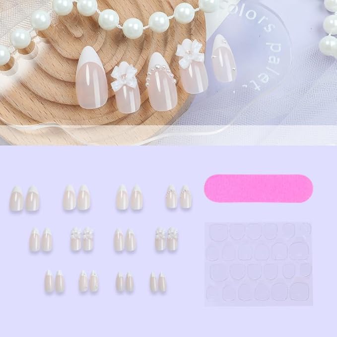 French Tip Press on Nails Medium Almond Fake Nails White Bow False Nails Glossy Pearl Acrylic Nails with Designs Bow Charm Artificial Nails Glue on Nails for Women Girls Manicure Art