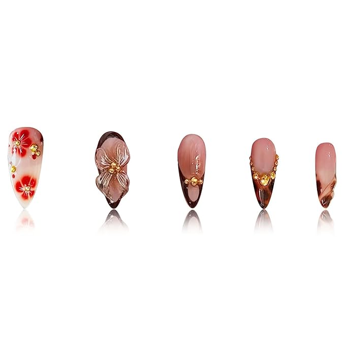 Flower Press on Nails French Tip Fake Nails Leopard Print Glue on Nails with Gold Design Medium Almond False Nail Glossy Full Cover Brown Stick on Nail for Women Girls Manicure 24Pcs