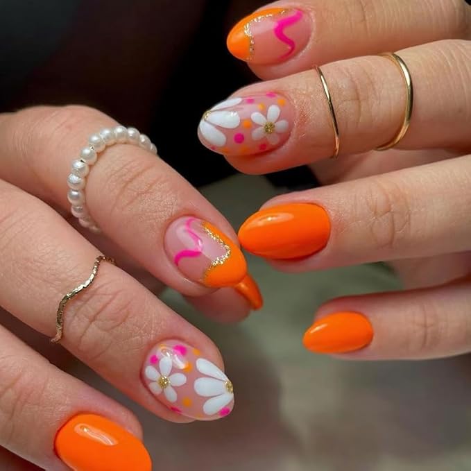 Short Almond Press on Nails Orange Flower Fake Nails Short Oval False Nails with Designs Line Glitter Glue on Nails Full Cover Acrylic Nails Stick on Nails for Women Girls Decoration 24Pcs