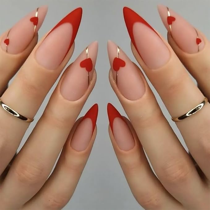 2 Packs 48Pcs Almond Press on Nails Medium Valentine's Day Fake Nails Red Black French Tip Nails Press on Heart Love False Nails Reusable Artificial Acrylic Nails for Women Girls Nails Decoration Kit