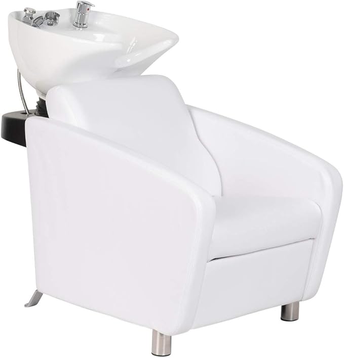 Buy-Rite Shelby Shampoo Backwash Station for Salons - Deep Tilting Porcelain Bowl with Dual Function Nozzle, Extra-Wide Seat, Built-in Vacuum Breaker, Lumbar Support, Modern White Design, YLG-556-WHT