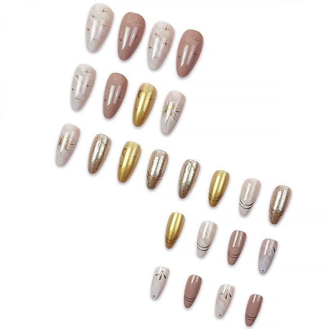 24Pcs Star Press on Nails Medium Almond Fake Nails Gold French Tip False Nails with Moom Design Nude White Full Cover Artificial Glue on Nails Glossy Stick on Nails Spring Nail Supplies for Women DIY