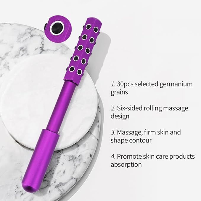 30-Stone Facial Roller - Cooling Face & Neck Massager Tool for Skin Rejuvenation | 360° Contouring with Germanium Stones & Aircraft Aluminum | Portable 7.6" Beauty Roller - Purple