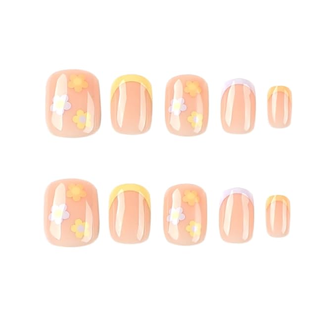 French Tricolor Short Square Press on Nails, fall False Nails with Cute Fflower Pink Design, Glossy Gel Finish Acrylic Nails, Thick Natural Reusable Nail Glue Set For Women, 24 pieces