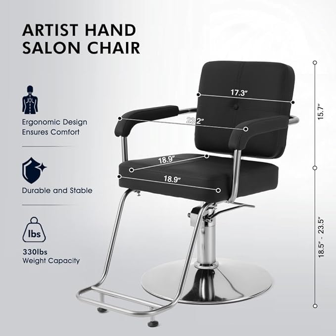 Artist hand Salon Chair for Hair Stylist, Hydraulic Barber Chair 360 Degree Swivel with Footrest, Hair Cutting Chair, Beauty Salon Equipment for Salon Barbershop Home, Max Load 330 LBS, Black