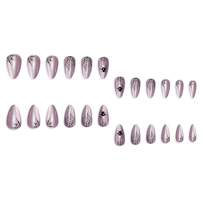 24Pcs Halloween Press on Nails Short Pink Chrome Fake Nails Almond Shaped Black Spider Web Full Cover Glitter Glue on Nails Goth False Nails Artificial Reusable Stick on Nail for Women Acrylic Salon