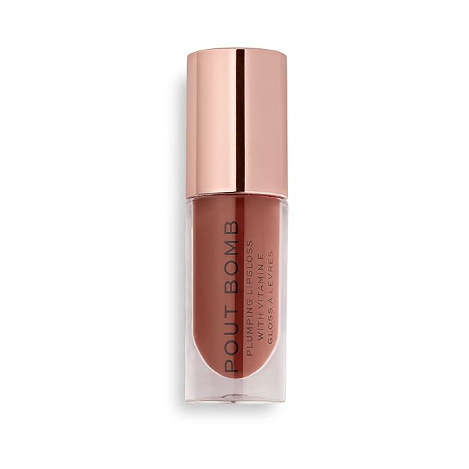 Revolution Beauty London, Pout Bomb Plumping Lip Gloss, High Shine, Rich Glossy Pigment, Infused with Vitamin E, Cookie Deep Nude, 0.15 fl oz